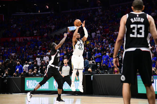 Donovan Mitchell of the Utah Jazz shoots the ball during the game against the LA Clippers during Round 2, Game 6 of the 2021 NBA Playoffs on June 18,...