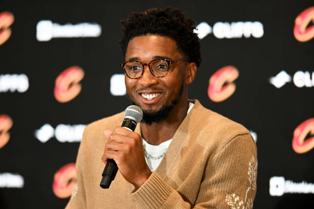 Donovan Mitchell speaks during a press conference where he was introduced at Rocket Mortgage Fieldhouse on September 14, 2022 in Cleveland, Ohio....