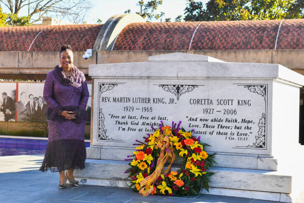 Dr. Bernice A. King is seen laying a wreath on the grave of Dr. Martin Luther King during the 2021 King Holiday Observance Beloved Community...
