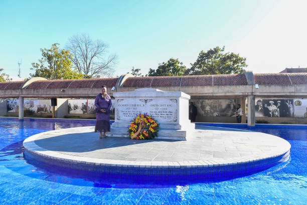 Dr. Bernice A. King is seen laying a wreath on the grave of Dr. Martin Luther King during the 2021 King Holiday Observance Beloved Community...