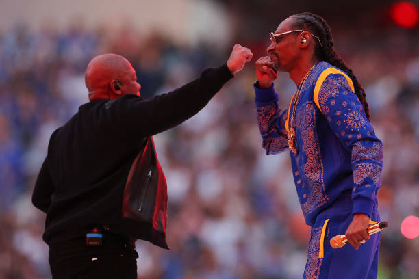 Dr. Dre and Snoop Dogg perform during the Pepsi Super Bowl LVI Halftime Show at SoFi Stadium on February 13, 2022 in Inglewood, California.