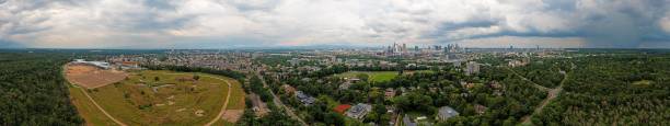 Drone panorama over the Frankfurt skyline taken from the south during
