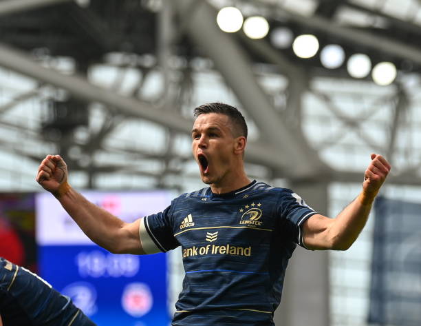 Dublin , Ireland - 14 May 2022; Jonathan Sexton of Leinster celebrates his side's second try during the Heineken Champions Cup Semi-Final match between Leinster and Toulouse at the Aviva Stadium in Dublin. (Photo By Harry Murphy/Sportsfile via Getty Images)