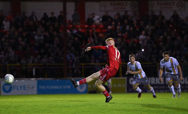 Dublin , Ireland - 19 August 2022; Shane Farrell of Shelbourne shoots to score his side's first goal, from a penalty, during the SSE Airtricity...