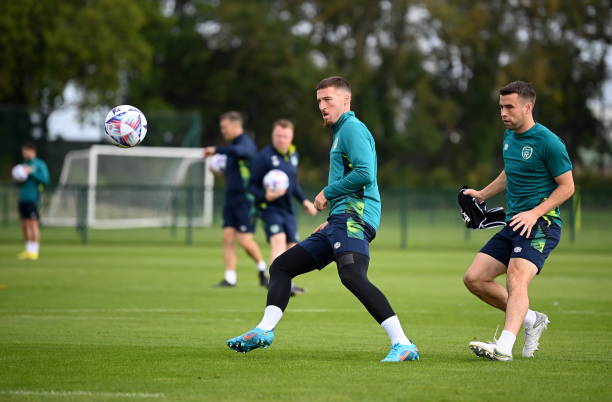 Dublin , Ireland - 20 September 2022; Matt Doherty and Seamus Coleman, right, during a Republic of Ireland training session at the FAI National...