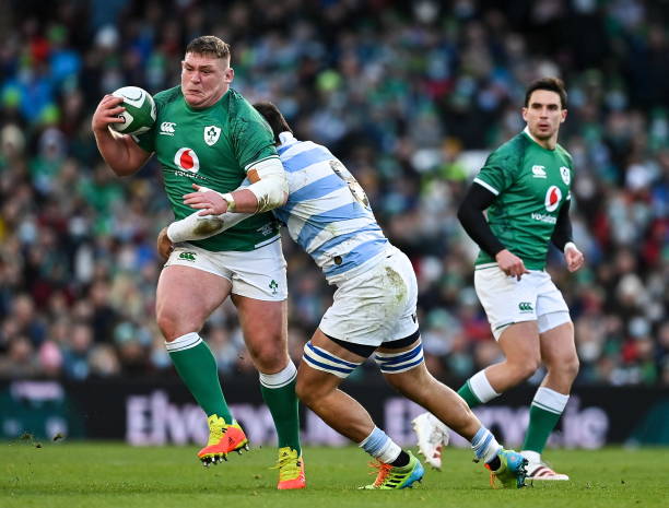 Dublin , Ireland - 21 November 2021; Tadhg Furlong of Ireland is tackled by Pablo Matera of Argentina during the Autumn Nations Series match between Ireland and Argentina at Aviva Stadium in Dublin. (Photo By Brendan Moran/Sportsfile via Getty Images)