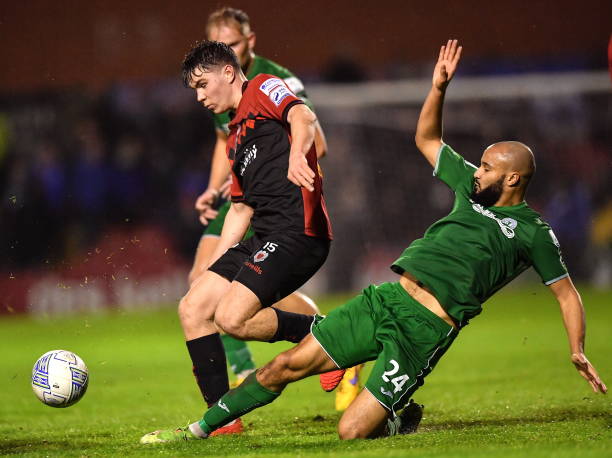 Dublin , Ireland - 21 October 2022; James Clarke of Bohemians is tackled by Ethan Boyle of Finn Harps during the SSE Airtricity League Premier...