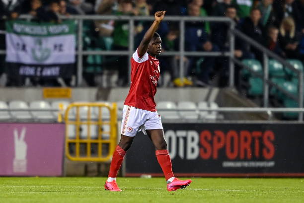 Dublin , Ireland - 21 October 2022; Serge Atakayi of St Patrick's Athletic celebrates after scoring his side's first goal during the SSE Airtricity...