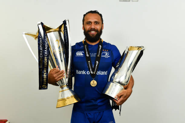 Dublin , Ireland - 26 May 2018; Isa Nacewa poses for a portrait with the Champions Cup and the Guinness PRO14 Trophy, following the Guinness PRO14 Final match between Leinster and Scarlets at the Aviva Stadium in Dublin. (Photo By Ramsey Cardy/Sportsfile via Getty Images)