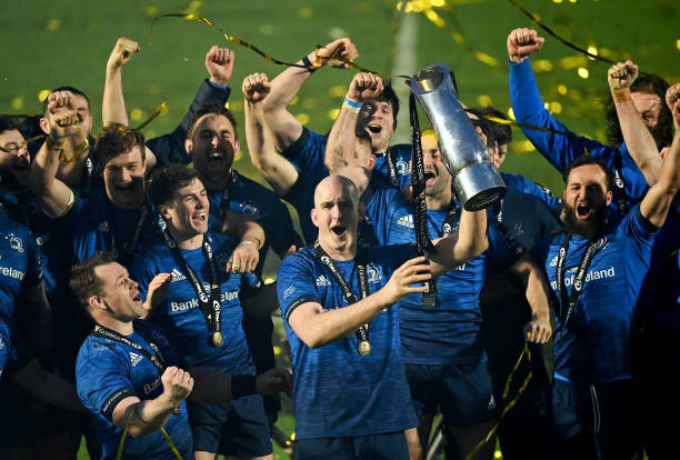 Dublin , Ireland - 27 March 2021; Devin Toner of Leinster and his teammates celebrate with the the PRO14 trophy after the Guinness PRO14 Final match between Leinster and Munster at the RDS Arena in Dublin. (Photo By Brendan Moran/Sportsfile via Getty Images)