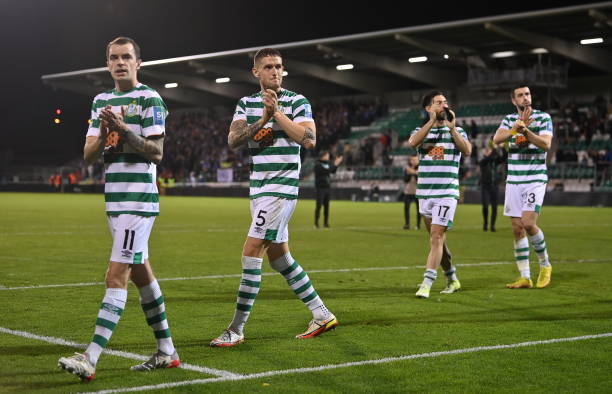 Dublin , Ireland - 27 October 2022; Shamrock Rovers players, from left, Sean Kavanagh, Lee Grace, Richie Towell and Neil Farrugia after the UEFA...