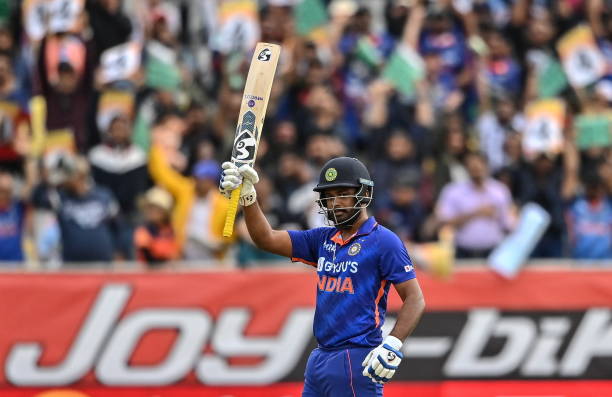 Dublin , Ireland - 28 June 2022; Sanju Samson of India acknowledges the crowd after bringing up his half century during the LevelUp11 Second Men's...