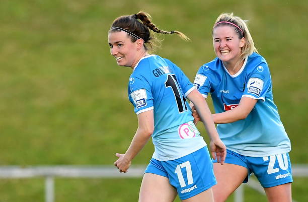 Dublin , Ireland - 4 July 2022; Dearbhaile Beirne of Peamount United, left, celebrates with teammate Erin McLaughlin after scoring her side's...