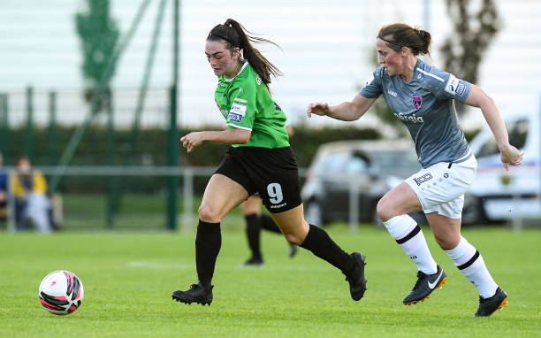 Dublin , Ireland - 9 October 2021; Alannah McEvoy of Peamount United in action against Edel Kennedy of Wexford Youths during EVOKE.ie FAI Women's Cup...