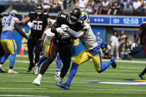 During the Atlanta Falcons tight end Kyle Pitts makes a catch on Los Angeles Rams cornerback Troy Hill during an NFL game between the Atlanta Falcons...