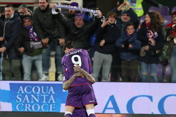 Dusan Vlahovic of ACF Fiorentina celebrates after scoring a goal during the Serie A match between ACF Fiorentina and UC Sampdoria at Stadio Artemio...