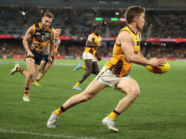 Dylan Moore of the Hawks runs with the ball during the round 17 AFL match between the Hawthorn Hawks and the Adelaide Crows at Marvel Stadium on July...