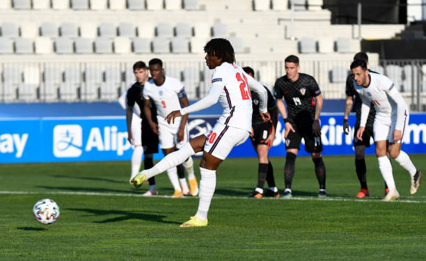 Eberechi Eze of England scores their side's first goal from the penalty spot during the 2021 UEFA European Under-21 Championship Group D match...
