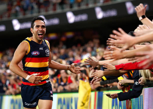 Eddie Betts of the Crows thanks fans during the 2017 AFL First Preliminary Final match between the Adelaide Crows and the Geelong Cats at Adelaide...