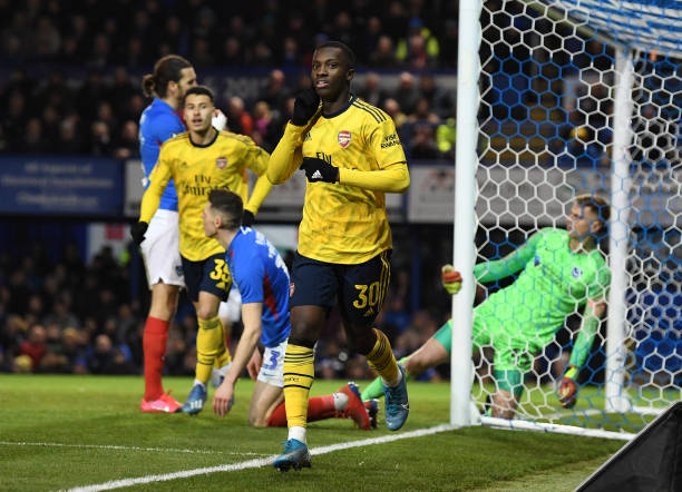 Eddie Nketiah scores Arsenal's 2nd goal during at Fratton Park on March 02 2020 in Portsmouth England