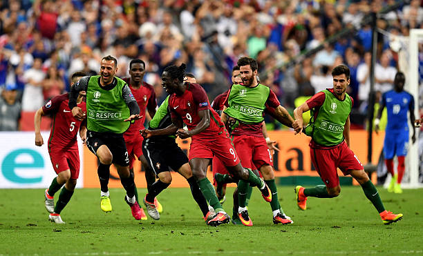 Éder celebrates after scoring the game winning goal for Portugal at the Euro 2016 final.  (Photo by Laurence Griffiths/Getty Images)