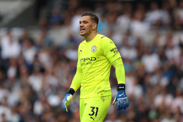Ederson of Manchester City during the Premier League match between Tottenham Hotspur and Manchester City at Tottenham Hotspur Stadium on August 15,...