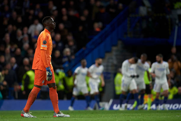 Edouard Mendy of Chelsea dejected during the UEFA Champions League Quarter Final Leg One match between Chelsea FC and Real Madrid at Stamford Bridge...