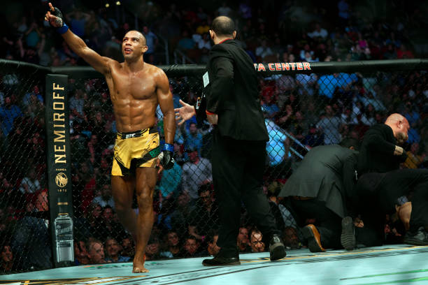 Edson Barboza of Brazil reacts after defeating Shane Burgos in their featherweight bout during the UFC 262 event at Toyota Center on May 15, 2021 in...