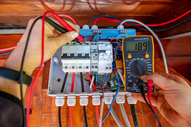 electrician measurements with multimeter tester system ready - eletricista  - fotografias e filmes do acervo