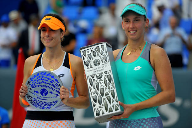 Elise Mertens of Belgium and Alizé Cornet of French Pose for a Picture during the Women's Singles Final match at Monastir Stadium during the Jasmin...