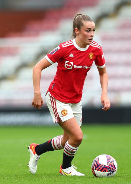 Ella Toone of Manchester United controls the ball during the Barclays FA Women's Super League match between Manchester United Women and Manchester...