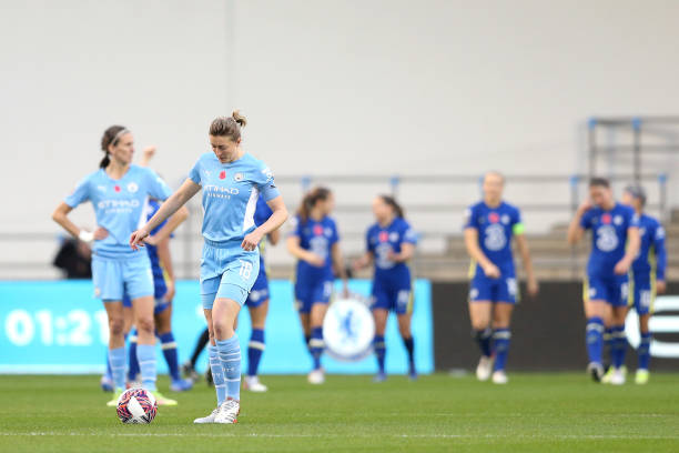 Ellen White of Manchester City is seen dejected during the Barclays FA Women's Super League match between Manchester City Women and Chelsea Women at...