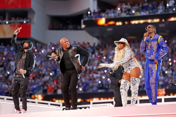 Eminem, Dr. Dre, Mary J. Blige, and Snoop Dogg perform during the Pepsi Super Bowl LVI Halftime Show at SoFi Stadium on February 13, 2022 in...
