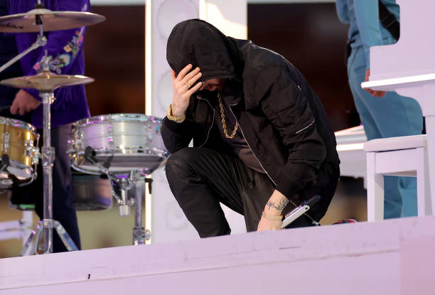 Eminem performs during the Pepsi Super Bowl LVI Halftime Show at SoFi Stadium on February 13, 2022 in Inglewood, California.