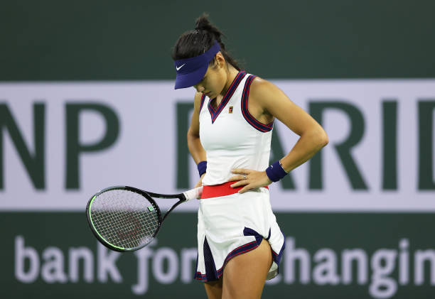 Emma Raducanu of Great Britain shows her dejection during her straight sets defeat against Aliaksandra Sasnovich of Belarus in their second round...