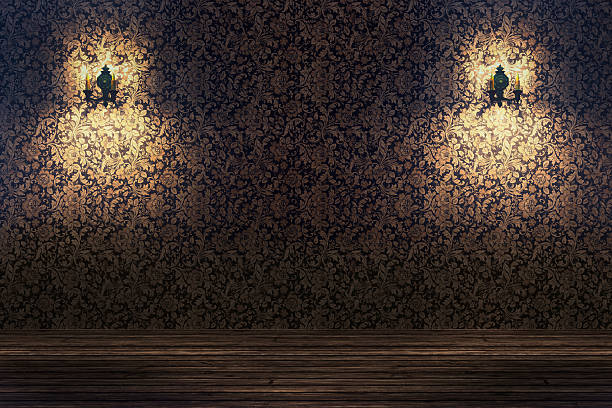 empty spotlit room with flower pattern wallpaper - wallpapers for walls room stock pictures, royalty-free photos & images