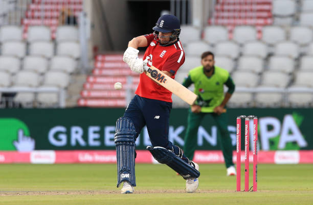 England's Dawid Malan strikes the ball for a boundary during the Vitality IT20 match at Old Trafford Manchester