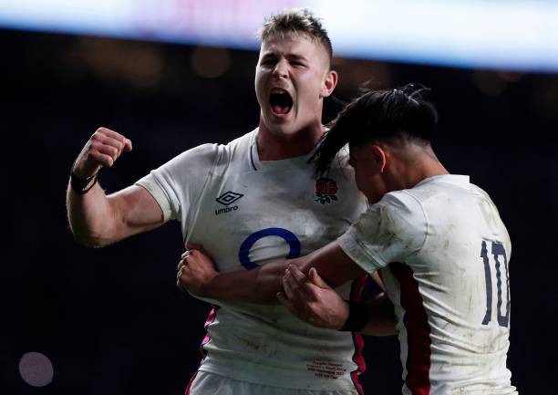 England's full-back Freddie Steward (L) and England's fly-half Marcus Smith celebrate after the Autumn International friendly rugby union match between England and South Africa at Twickenham Stadium, south-west London, on November 20, 2021. - England won the match 27-26. (Photo by Adrian DENNIS / AFP) (Photo by ADRIAN DENNIS/AFP via Getty Images)