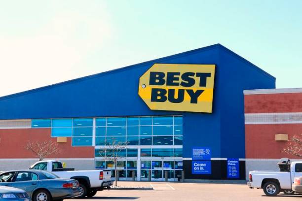 entrance to best buy consumer electronics store showing company logo picture