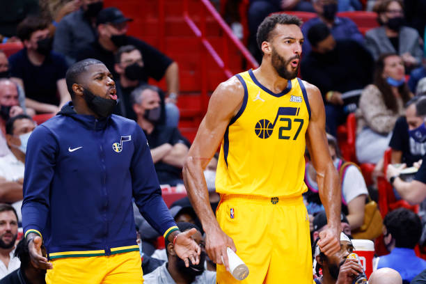Eric Paschall and Rudy Gobert of the Utah Jazz react against the Miami Heat at FTX Arena on November 06, 2021 in Miami, Florida. NOTE TO USER: User...
