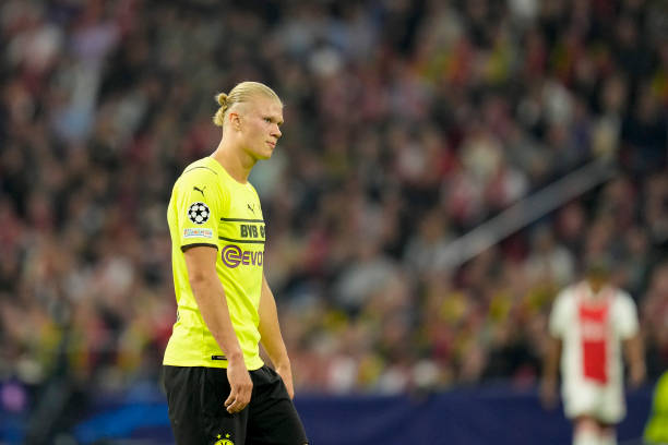 Erling Haaland of Borussia Dortmund looks dejected during the UEFA Champions League group C match between AFC Ajax and Borussia Dortmund at Amsterdam...