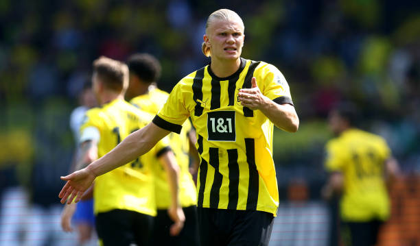 Erling Haaland of Dortmund gestures during the Bundesliga match between Borussia Dortmund and Hertha BSC at Signal Iduna Park on May 14, 2022 in...