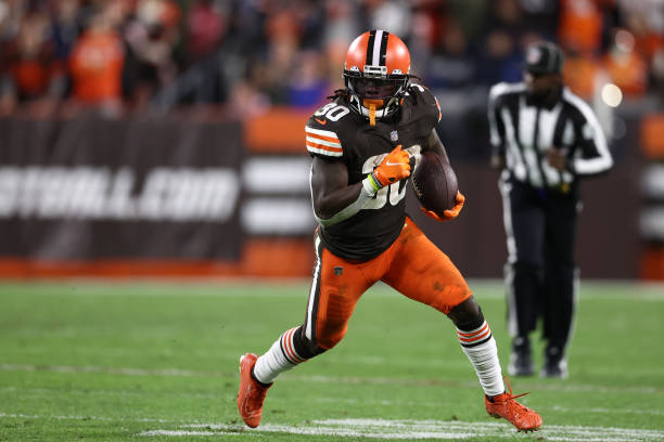 Ernest Johnson of the Cleveland Browns plays against the Denver Broncos at FirstEnergy Stadium on October 21, 2021 in Cleveland, Ohio.