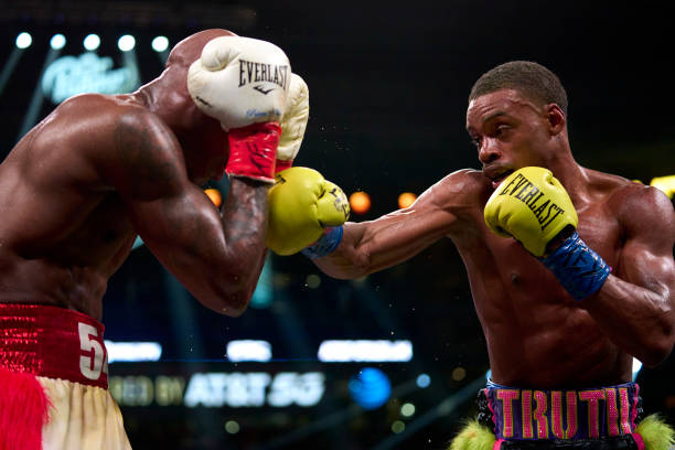 Errol Spence Jr. Connects with a punch against Yordenis Ugas at AT&T Stadium on April 16, 2022 in Arlington, Texas.