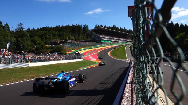Esteban Ocon of France driving the Alpine F1 A522 Renault on his way to the grid during the F1 Grand Prix of Belgium at Circuit de Spa-Francorchamps...