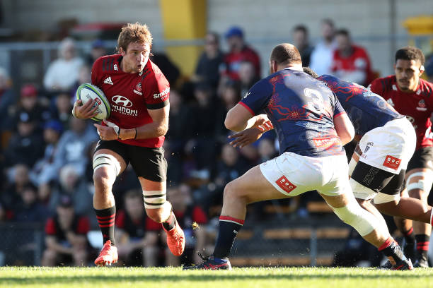 SYDNEY, AUSTRALIA - JUNE 12: Ethan Blackadder of the Crusaders takes on the defence during the round five Super Rugby Trans-Tasman match between the Melbourne Rebels and the Crusaders at Leichhardt Oval on June 12, 2021 in Sydney, Australia. (Photo by Matt King/Getty Images)