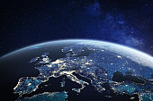 Europe viewed from space at night with city lights in European Union member states, global EU business and finance, satellite communication technology, 3D render of planet Earth, world map from NASA