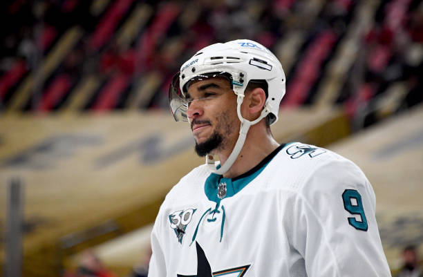 Evander Kane of the San Jose Sharks waits for a faceoff in the second period of a game against the Vegas Golden Knights at T-Mobile Arena on March...