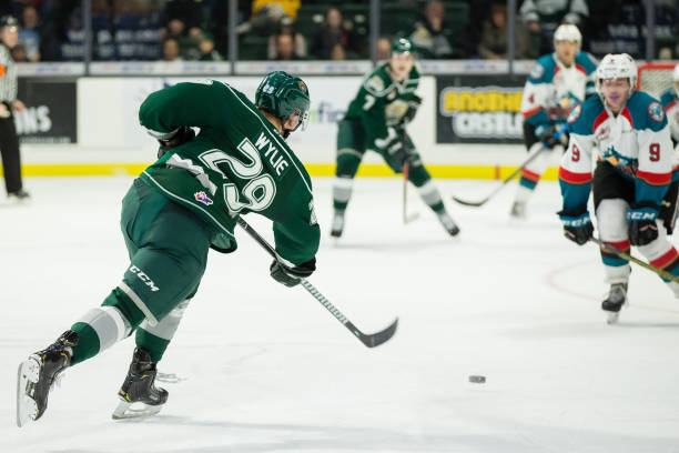 Everett Silvertips defenseman Wyatte Wylie fires a shot on net in the third period during a game between the Kelowna Rockets and the Everett...
