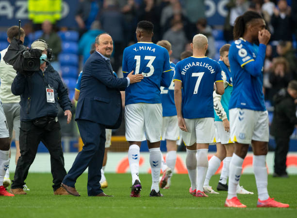 Everton manager Rafa Benitez greets his players after the Premier League match between Everton and Southampton at Goodison Park on August 14, 2021 in...